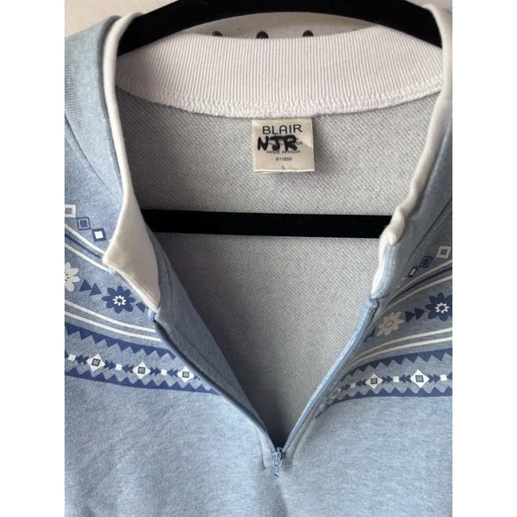 Blair 1/4 Zip Women's Lg Cotton Blend Fleece Sweatshirt Blue Geo Floral Print - Picture 5 of 6